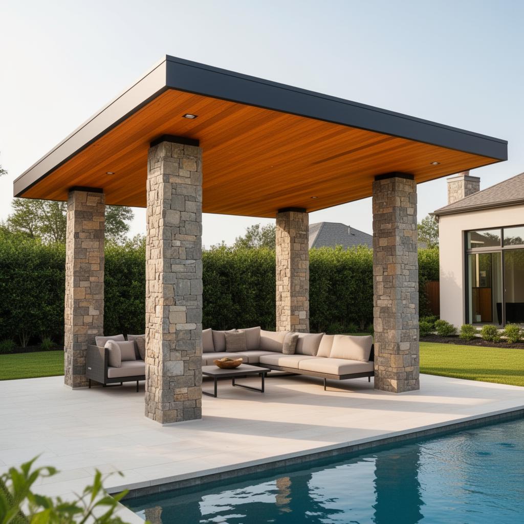 Stone ramada outdoor living room with full roof and kitchen